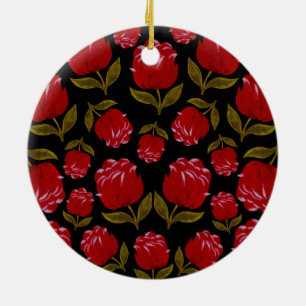 Seamless pattern of red roses on black background ceramic tree decoration