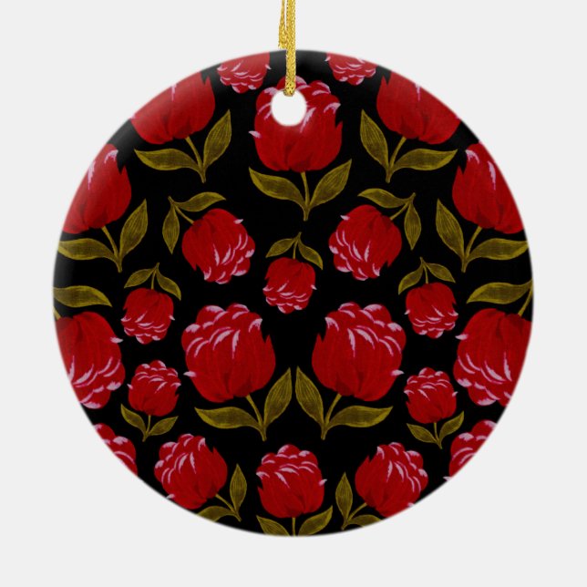 Seamless pattern of red roses on black background ceramic tree decoration (Back)