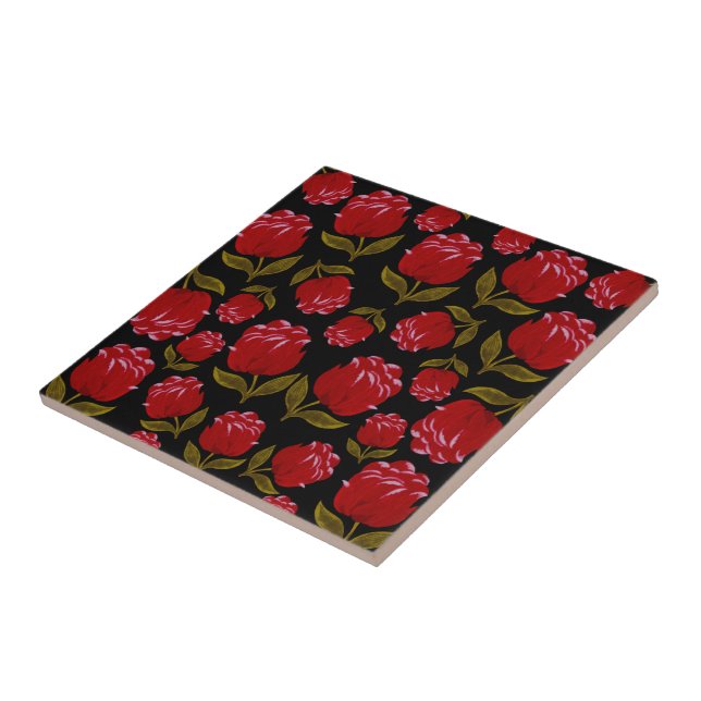 Seamless pattern of red roses on black background tile (Side)