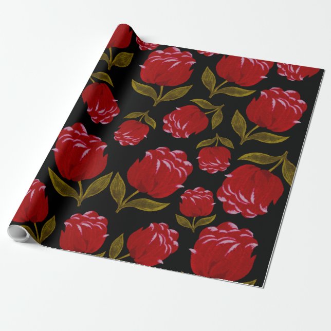 Seamless pattern of red roses on black background wrapping paper (Unrolled)