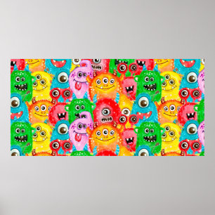 Seamless pattern of watercolor painted funny monst poster
