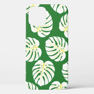 Seamless pattern of white monstera leaves on a dar iPhone 12 case