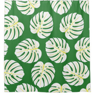 Seamless pattern of white monstera leaves on a dar shower curtain