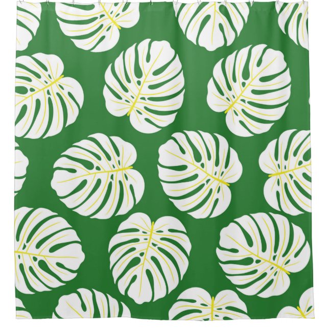 Seamless pattern of white monstera leaves on a dar shower curtain (Front)