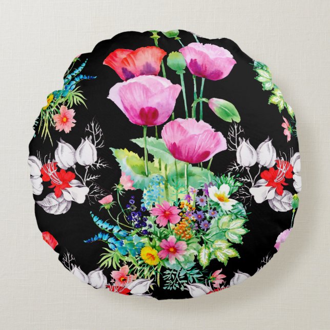 Seamless pattern on black background. Colourful il Round Cushion (Front)