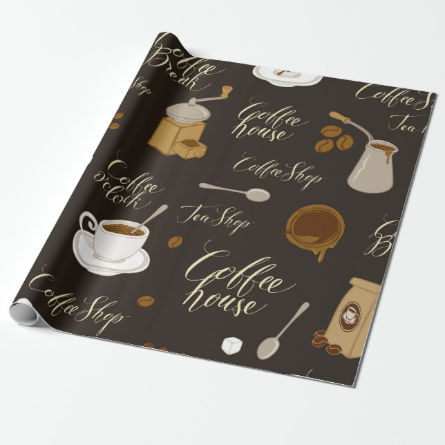 Seamless pattern on tea and coffee theme in retro  wrapping paper (Unrolled)
