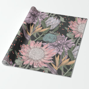 Seamless pattern paradise tropical flowers sketch, wrapping paper