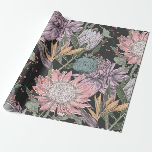 Seamless pattern paradise tropical flowers sketch, wrapping paper (Unrolled)