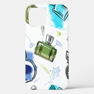 Seamless pattern parfum bottle and watercolor text iPhone 12 case