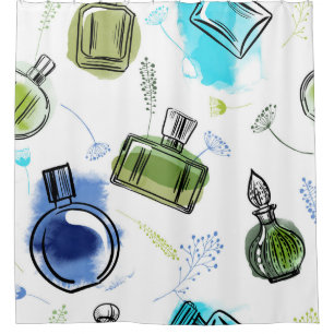 Seamless pattern parfum bottle and watercolor text shower curtain