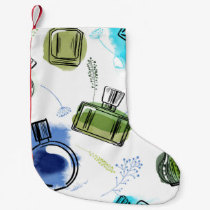 Seamless pattern parfum bottle and watercolor text small christmas stocking