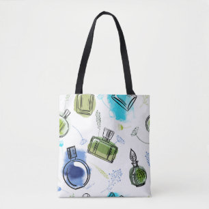 Seamless pattern parfum bottle and watercolor text tote bag