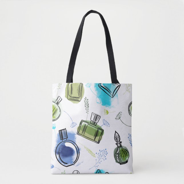 Seamless pattern parfum bottle and watercolor text tote bag (Front)