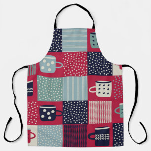 Seamless pattern, patchwork with hand drawn cups,  apron