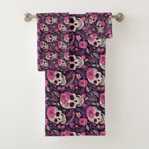 Seamless Pattern Pink Floral Skull Modern Chic Bath Towel Set