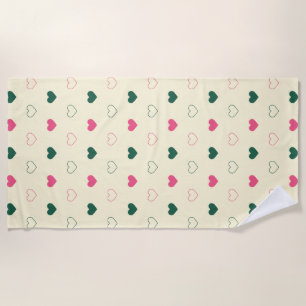 Seamless Pattern - Pink & Green Hearts on Cream Beach Towel