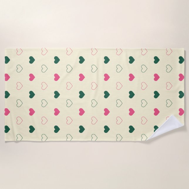 Seamless Pattern - Pink & Green Hearts on Cream Beach Towel (Front)