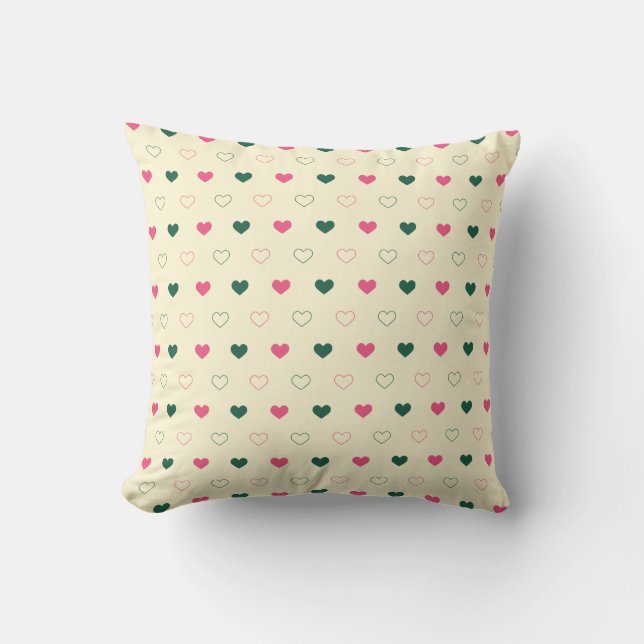 Seamless Pattern - Pink & Green Hearts on Cream Cushion (Front)