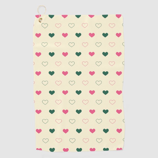 Seamless Pattern - Pink & Green Hearts on Cream Golf Towel (Front)