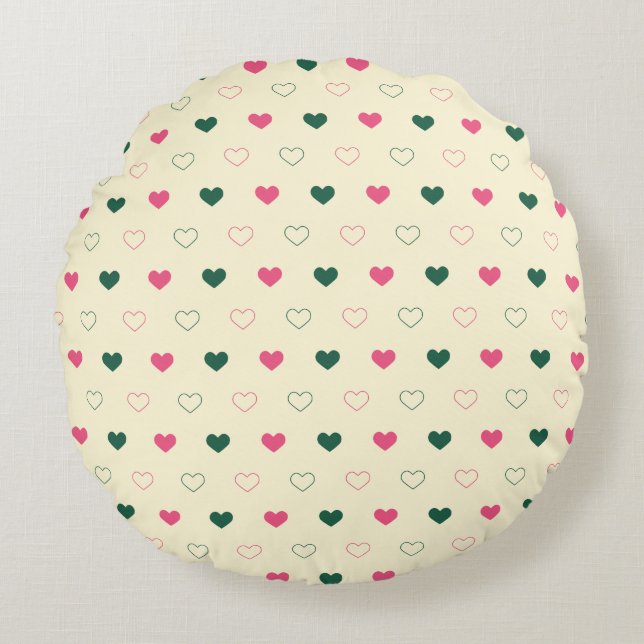 Seamless Pattern - Pink & Green Hearts on Cream Round Cushion (Front)