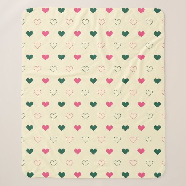 Seamless Pattern - Pink & Green Hearts on Cream Sherpa Blanket (Front)