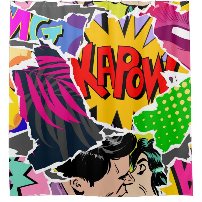 Seamless pattern pop art comics style. Collage of  Shower Curtain (Front)