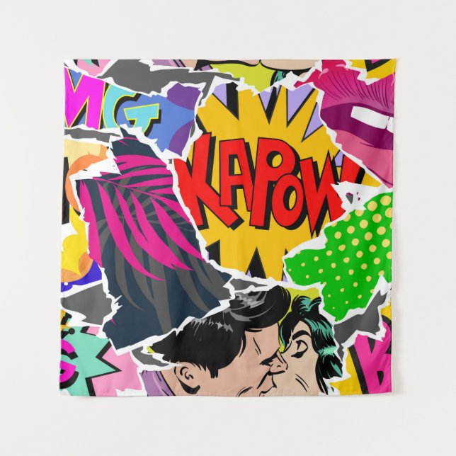 Seamless pattern pop art comics style. Collage of  Tapestry (Front)