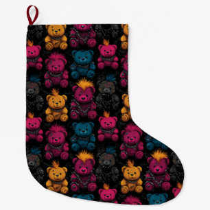 Seamless Pattern Rebellious Punk Rock Teddies Large Christmas Stocking