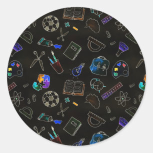 Seamless pattern school supplies, school classic round sticker
