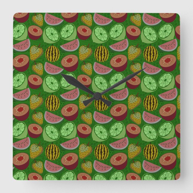 Seamless pattern tropical fruit & green background square wall clock (Front)