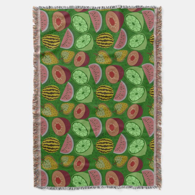 Seamless pattern tropical fruit & green background throw blanket (Front Vertical)
