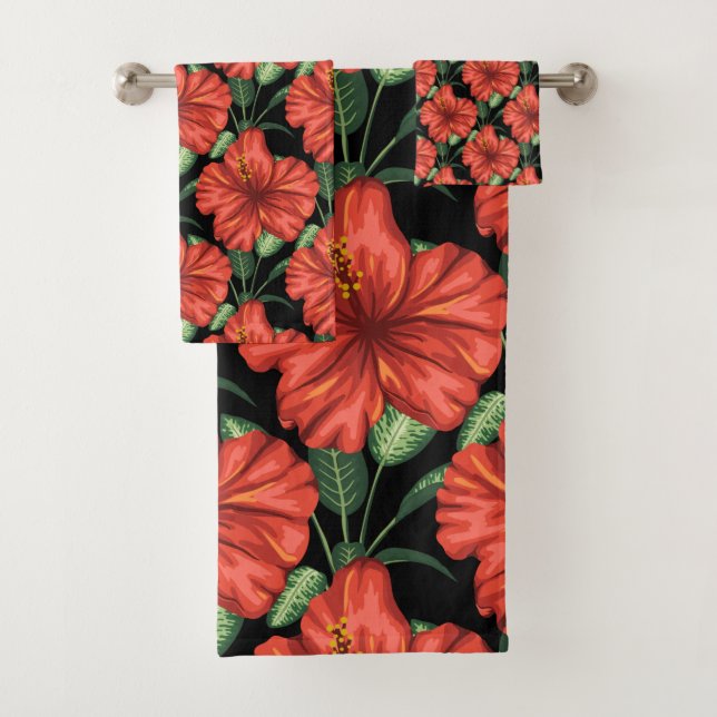 Seamless pattern Tropical red flowers green leaves Bath Towel Set (Insitu)