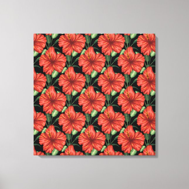 Seamless pattern Tropical red flowers green leaves Canvas Print (Front)