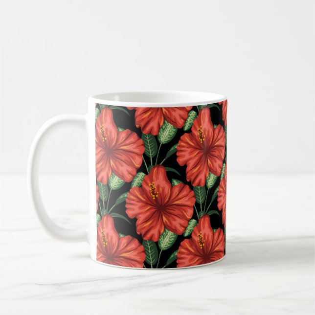 Seamless pattern Tropical red flowers green leaves Coffee Mug (Left)