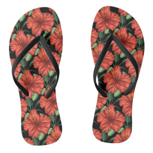 Seamless pattern Tropical red flowers green leaves Jandals