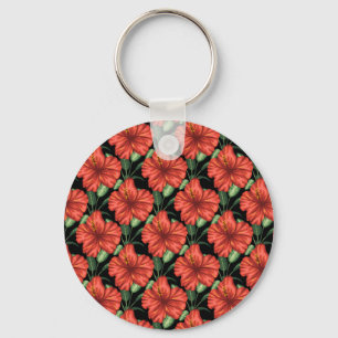 Seamless pattern Tropical red flowers green leaves Key Ring