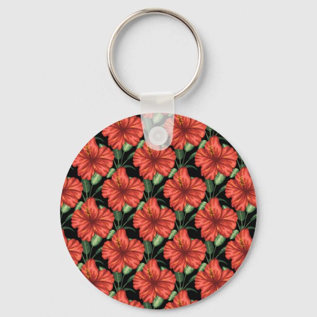 Seamless pattern Tropical red flowers green leaves Key Ring (Front)