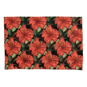 Seamless pattern Tropical red flowers green leaves Pillowcase