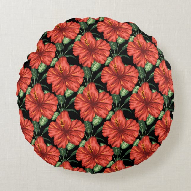 Seamless pattern Tropical red flowers green leaves Round Cushion (Front)