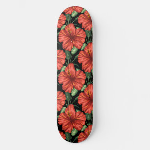 Seamless pattern Tropical red flowers green leaves Skateboard