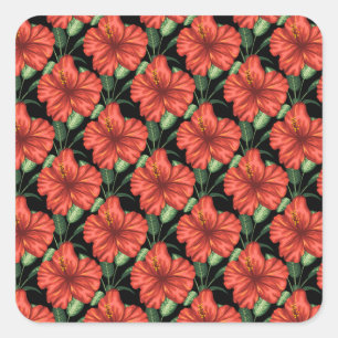 Seamless pattern Tropical red flowers green leaves Square Sticker