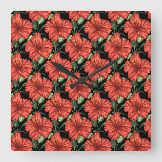 Seamless pattern Tropical red flowers green leaves Square Wall Clock (Front)