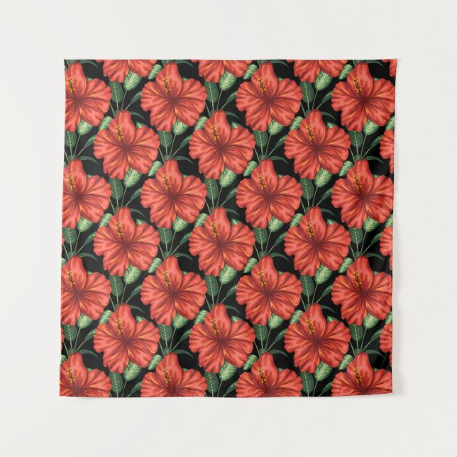 Seamless pattern Tropical red flowers green leaves Tapestry (Front)