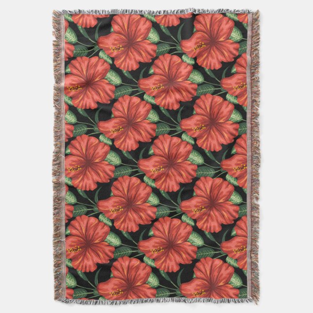 Seamless pattern Tropical red flowers green leaves Throw Blanket (Front Vertical)