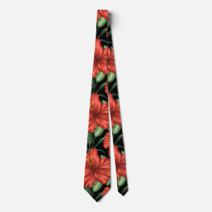 Seamless pattern Tropical red flowers green leaves Tie