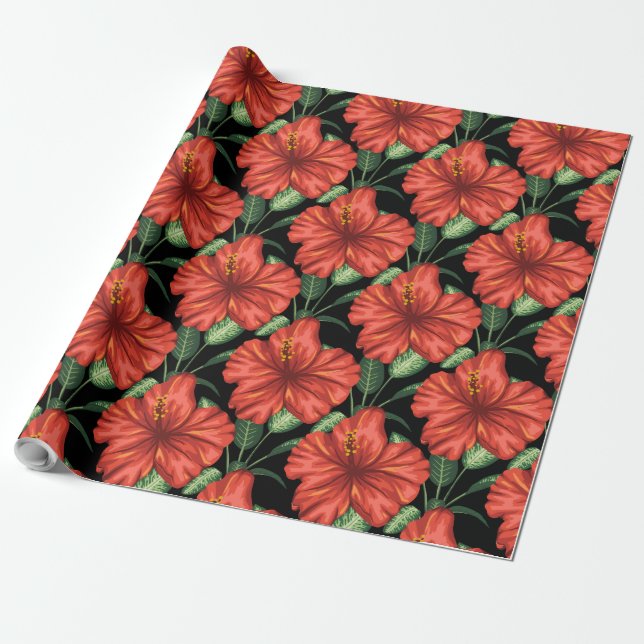 Seamless pattern Tropical red flowers green leaves Wrapping Paper (Unrolled)