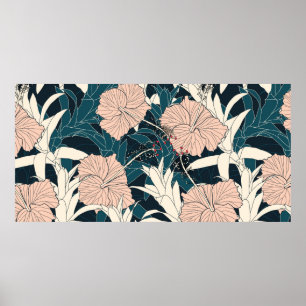 Seamless pattern tropical with pink hibiscus flowe poster