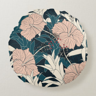 Seamless pattern tropical with pink hibiscus flowe round cushion