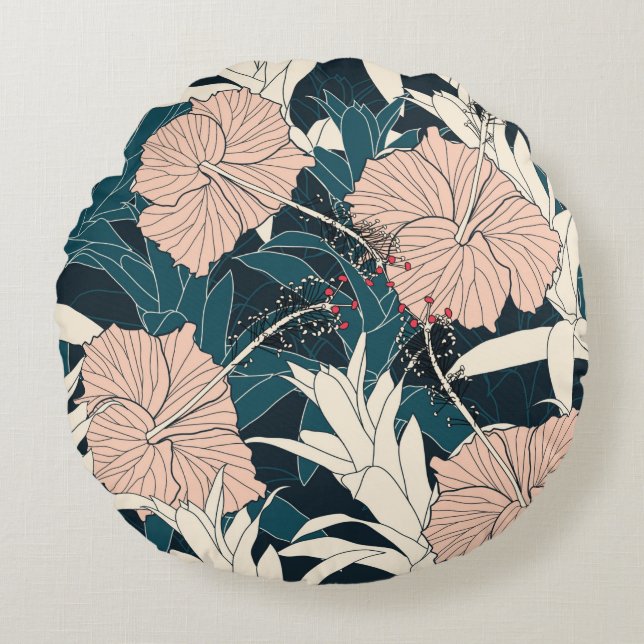 Seamless pattern tropical with pink hibiscus flowe round cushion (Front)