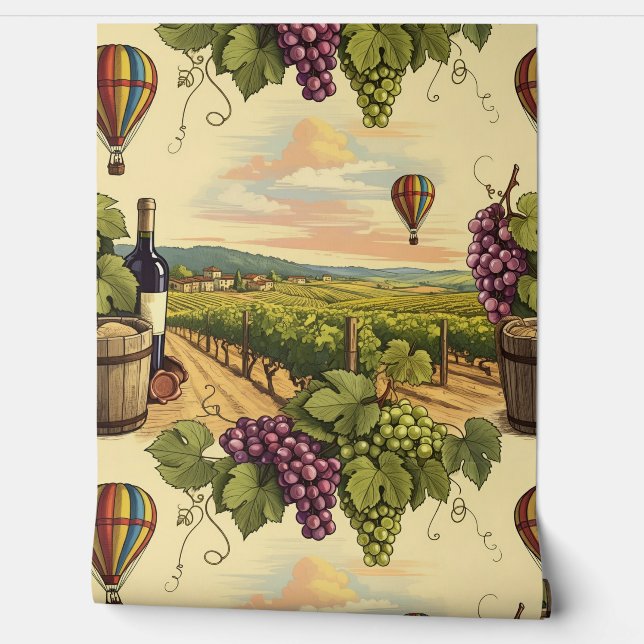 Seamless Pattern Vineyard Hot Air Balloons Wine  Wallpaper (Unrolling)